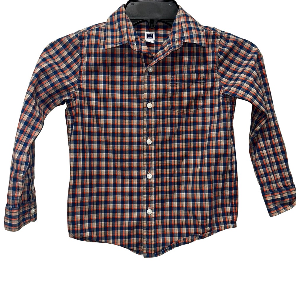 Janie and Jack Boys‎ Plaid Button Down Shirt Navy Blue Orange Tan Size 5